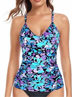 RELLECIGA Women's Push Up Tankini Top Twist Front Ruched Tankini top